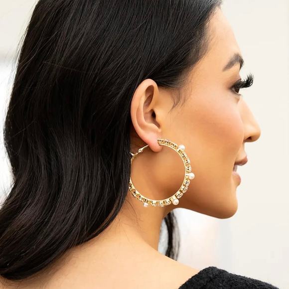 New Plunder "Kirby" Crystal and Pearl Hoop Earrings (2.5") - Picture 6 of 7